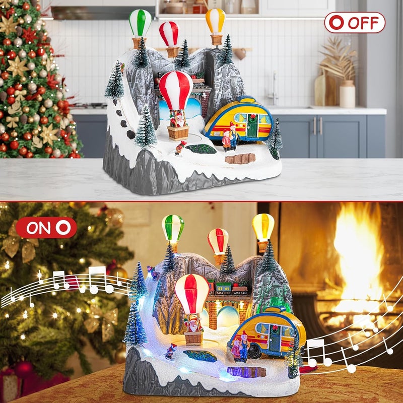 Vigdur Christmas Village Houses with LED Lights, Hot Air Balloons, Snow Mountain, 8 Christmas Music, Animation Village Indoor Tabletop Decorations for Home - Image 2